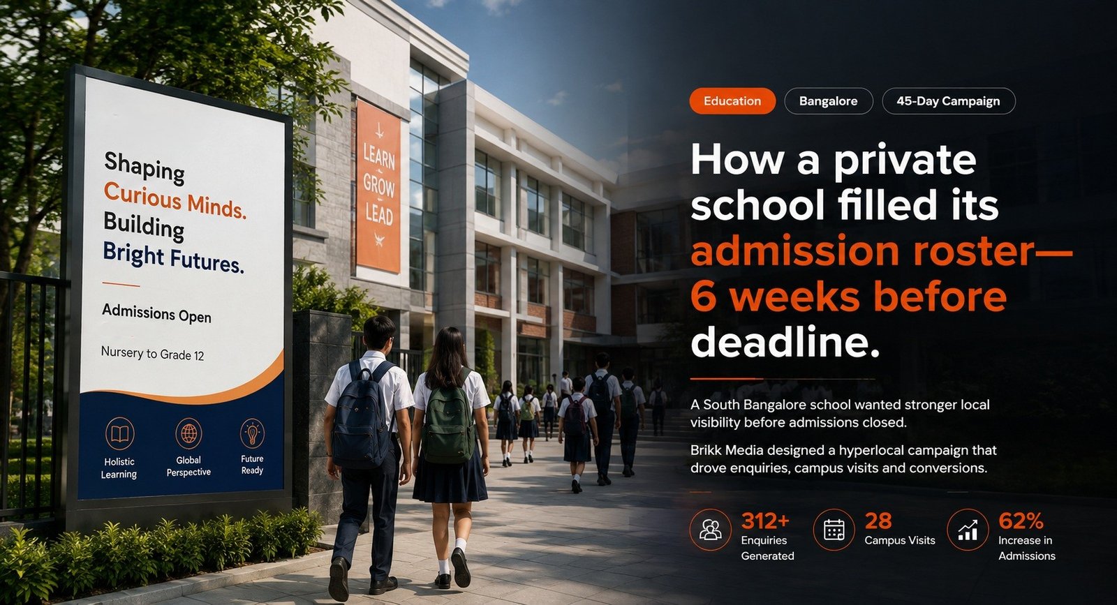 Education campaign environment with a modern school campus and students in Bangalore